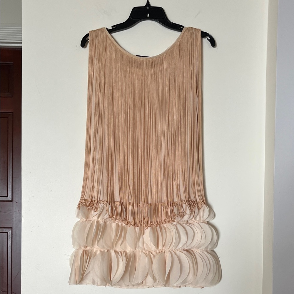 🤍✨ Xin Pan Ron Beige Pleated Fringe Dress – Sleeveless Layered Hem – Size S/M ✨🤍